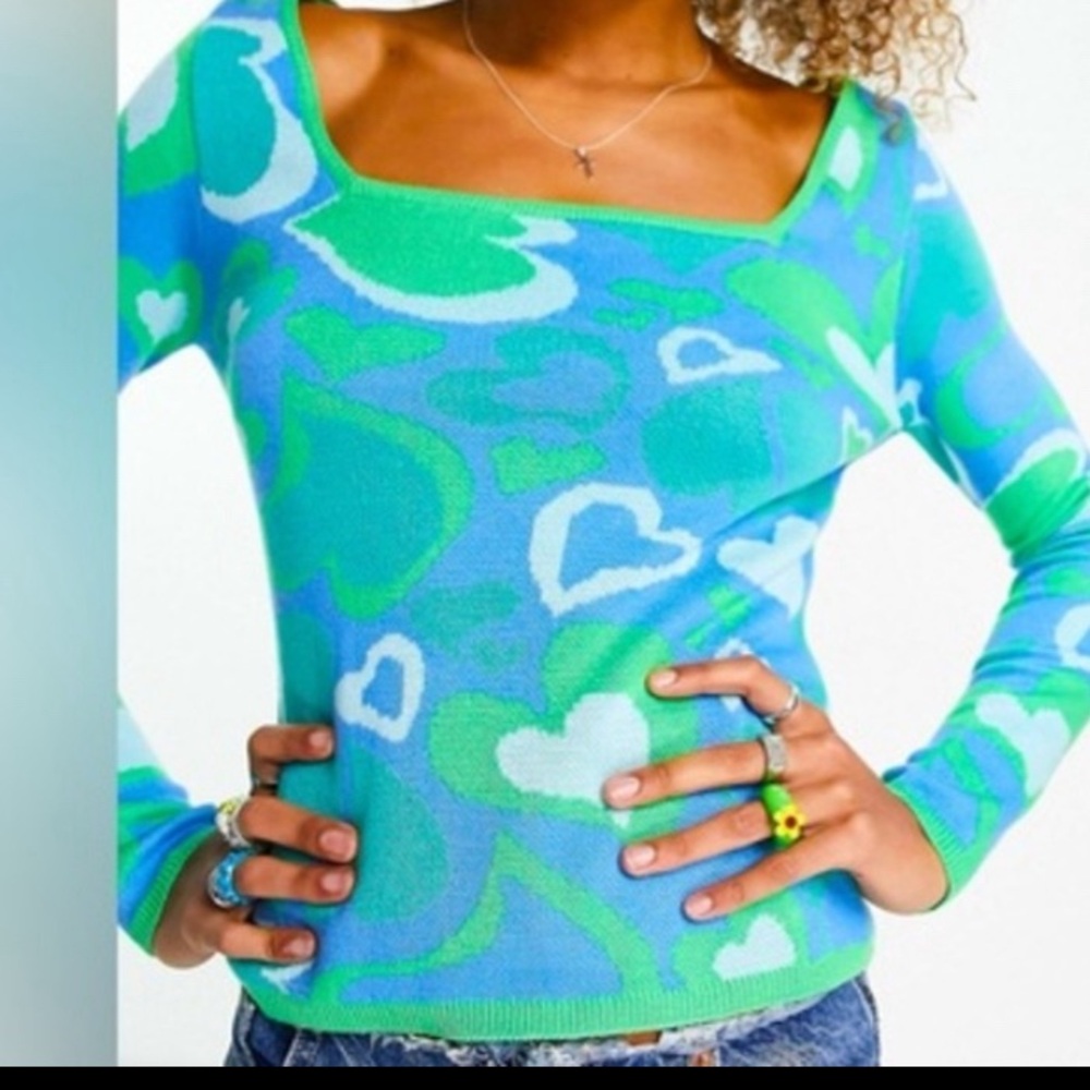 ASOS Blue and Green Heart Pattern Sweater